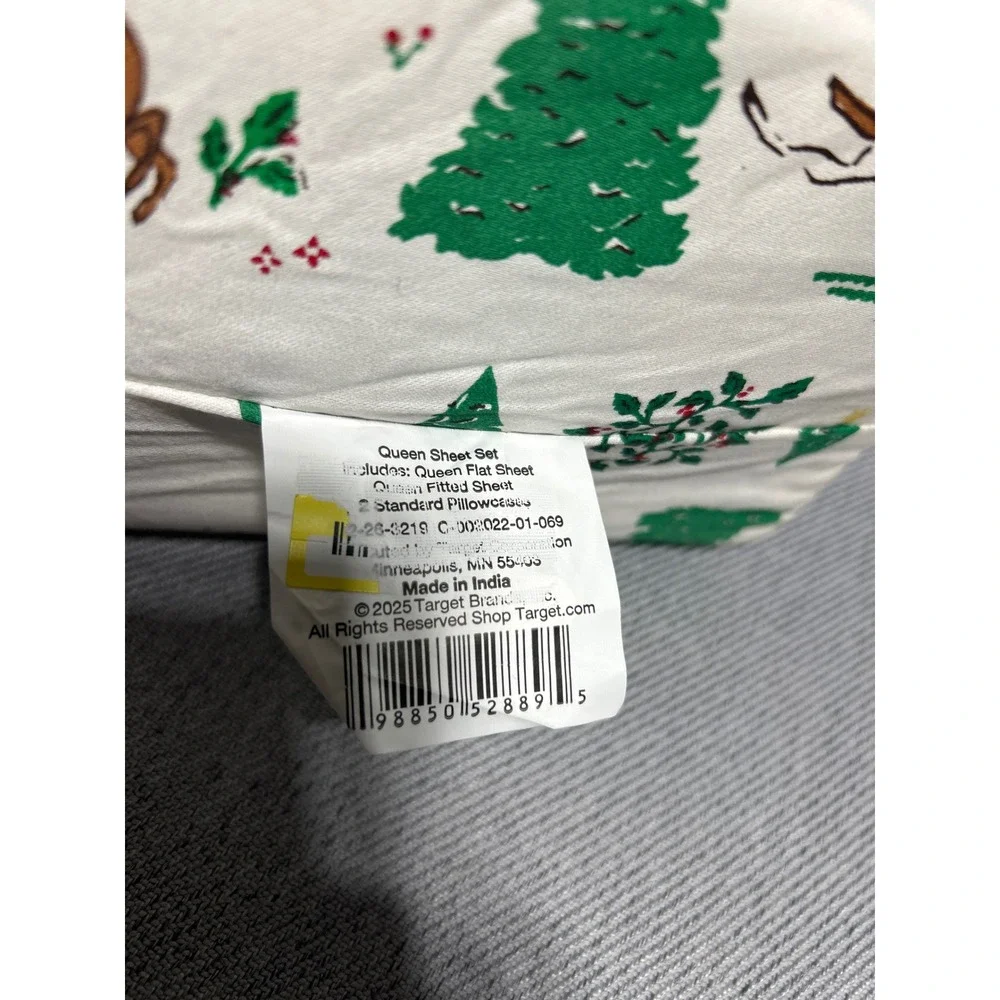 Threshold Holiday Reindeer Christmas Tree Queen Sheet Set White Green 4pc Cotton